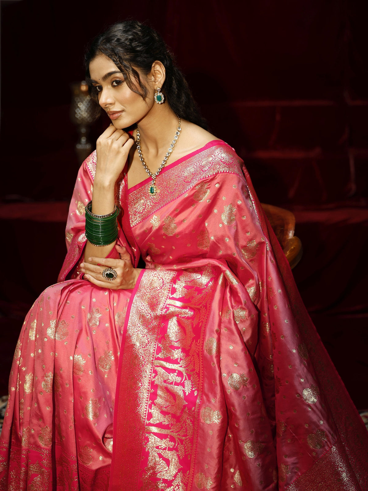 Anouk Peach Ethnic Motif Woven Design Silk blend Saree with dupatta