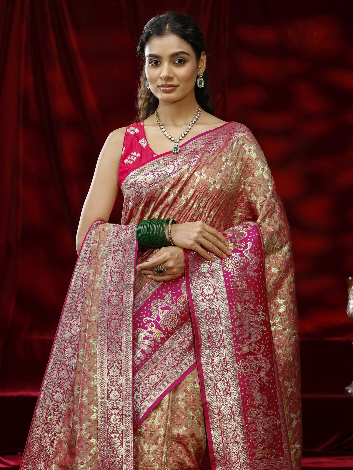 Anouk Mustard Ethnic Motif Woven Design Silk blend Saree with dupatta