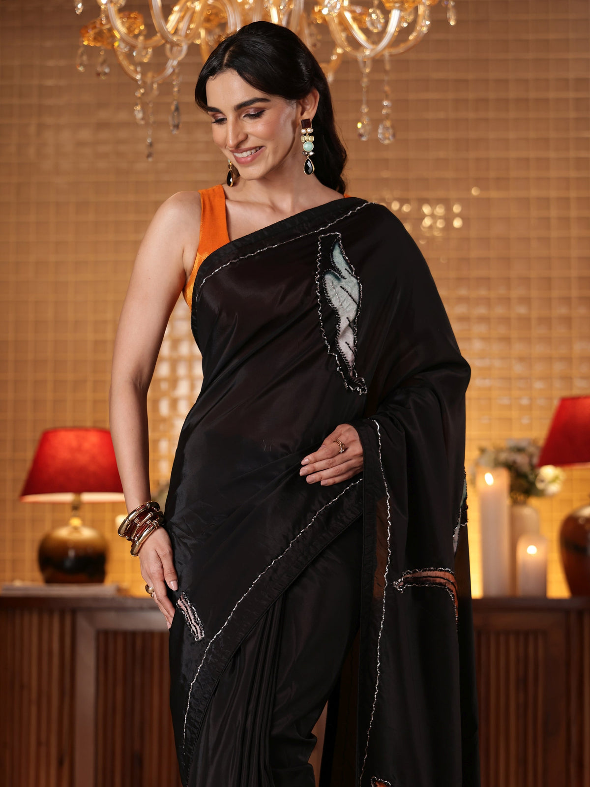 Anouk Black Floral Embroidered Silk Blend Saree