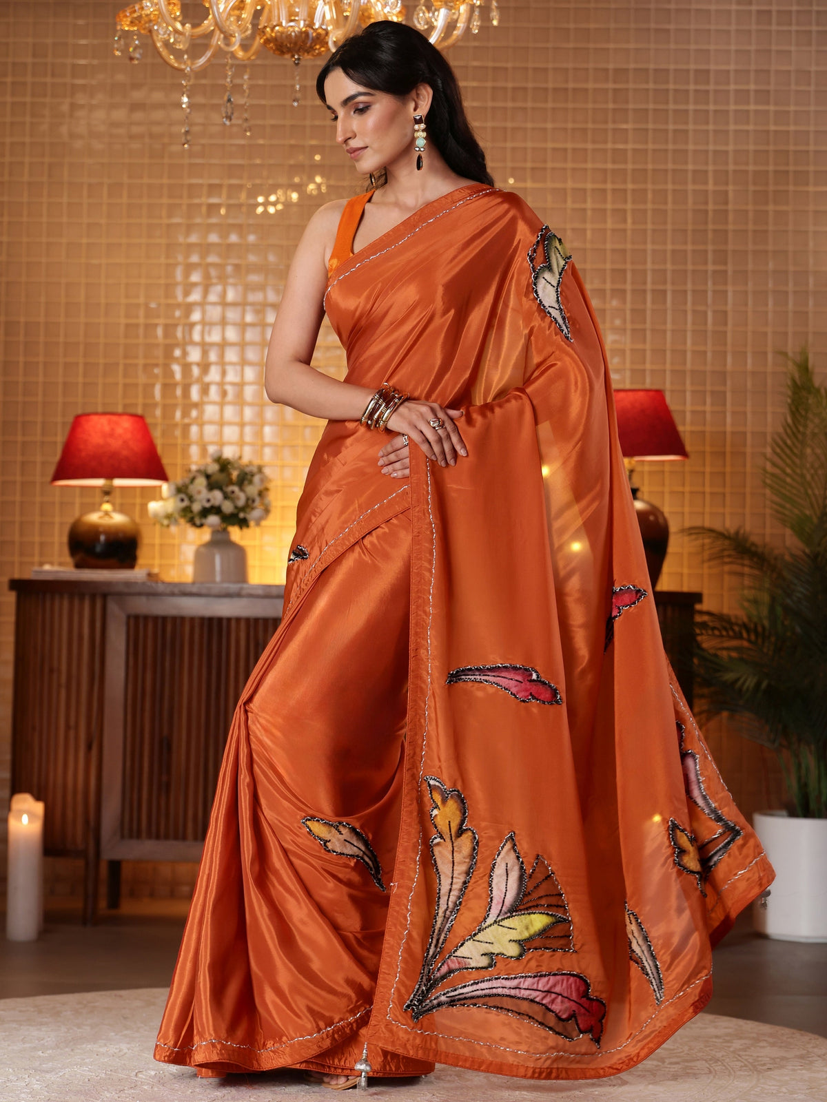 Anouk Rust Floral Embroidered Silk Blend Saree