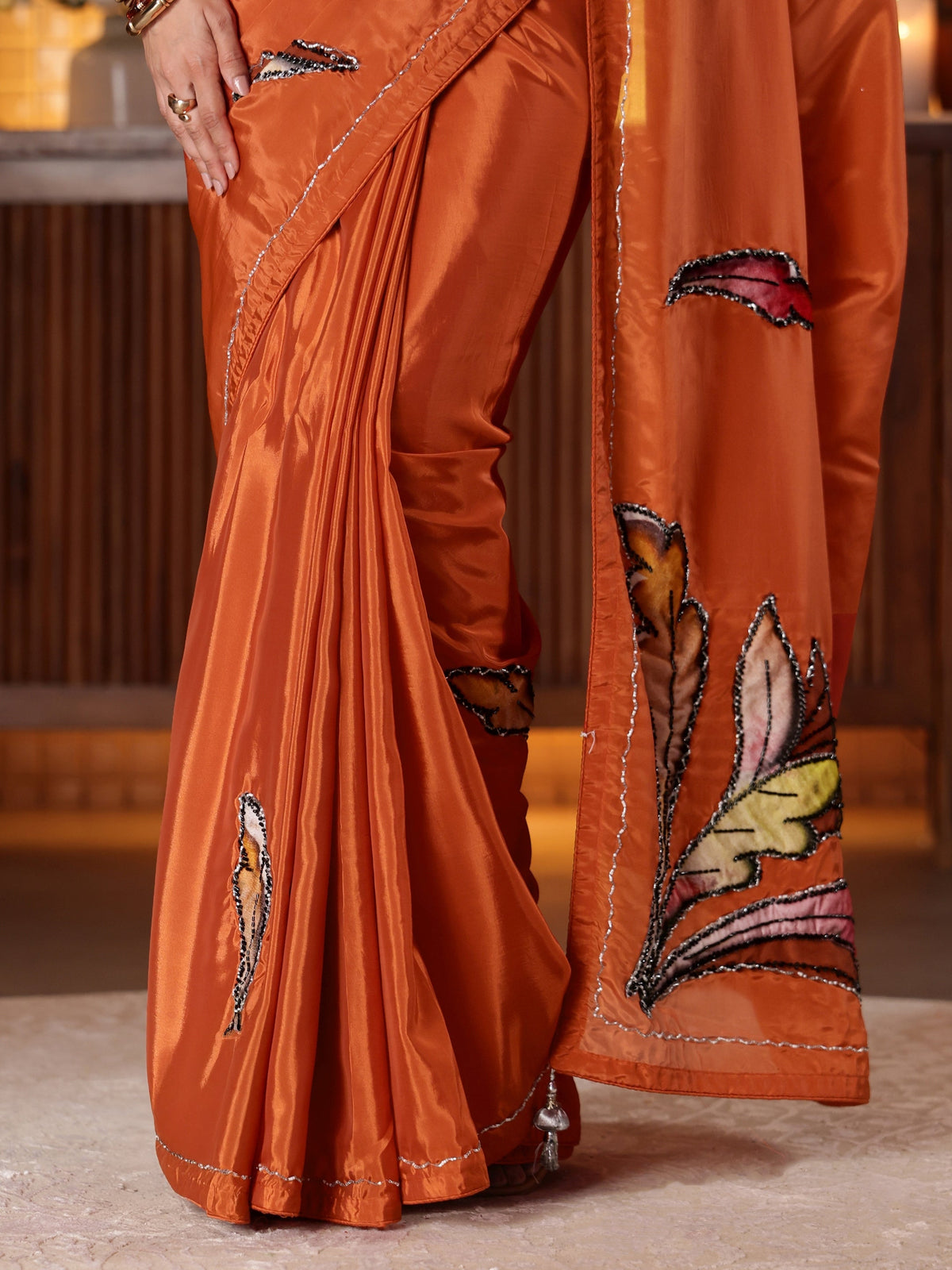Anouk Rust Floral Embroidered Silk Blend Saree