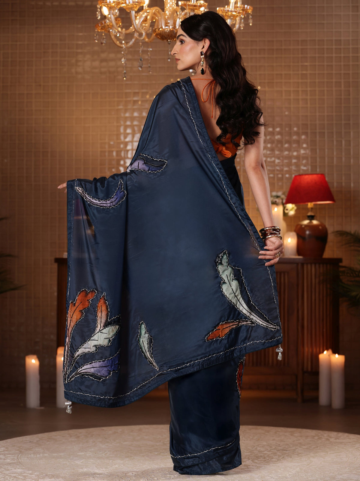 Anouk Midnight Blue Floral Embroidered Silk Blend Saree