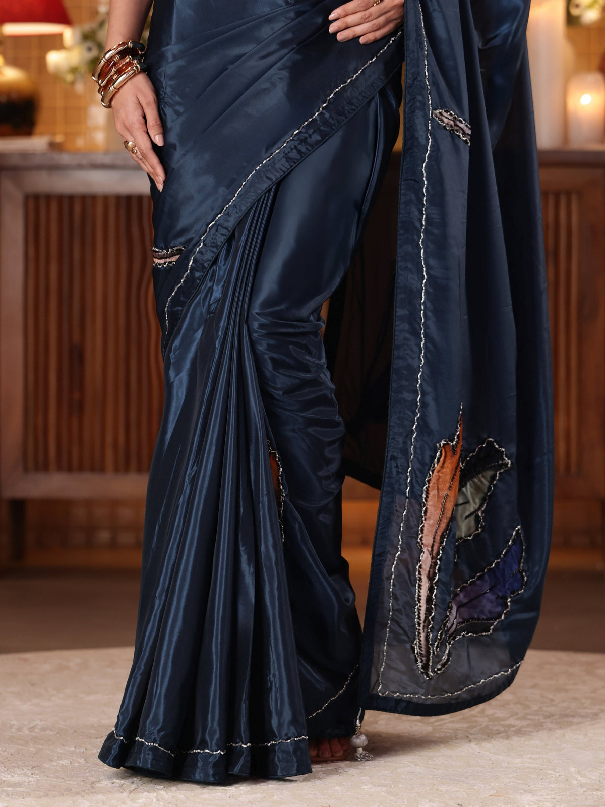 Anouk Midnight Blue Floral Embroidered Silk Blend Saree