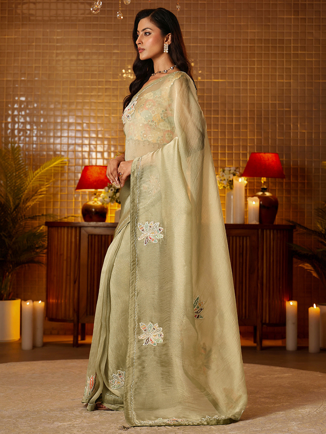Anouk Sage Green Floral Embroidered Tissue Saree