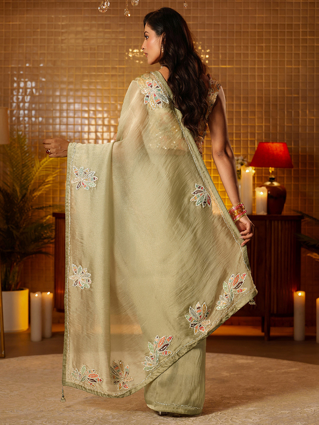 Anouk Sage Green Floral Embroidered Tissue Saree