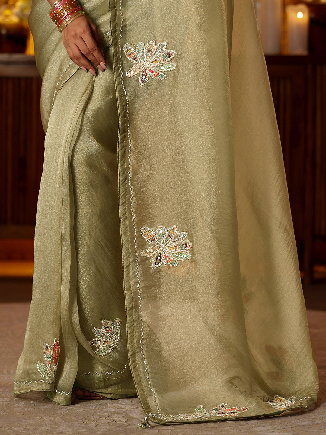 Anouk Sage Green Floral Embroidered Tissue Saree
