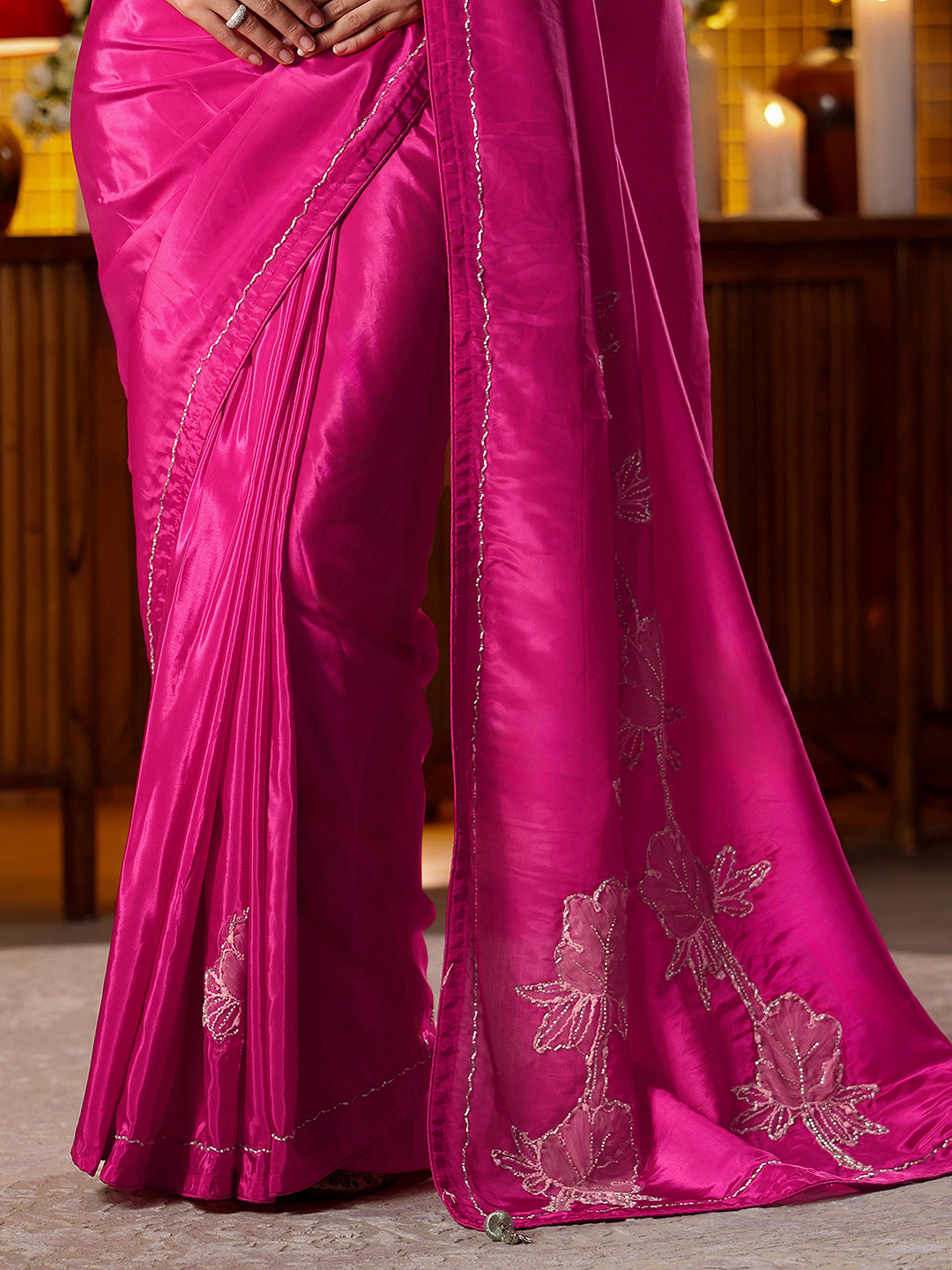 Anouk Rani Pink Floral Embroidered Silk Blend Saree