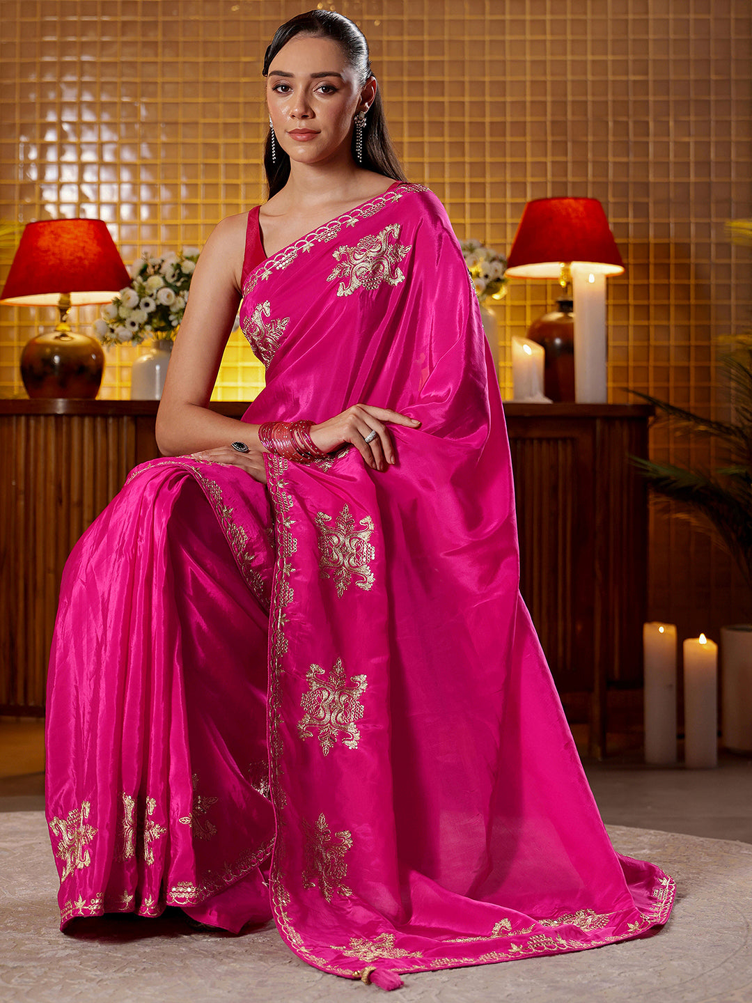 Anouk Rani Pink Ethnic Embroidered Silk Blend Saree