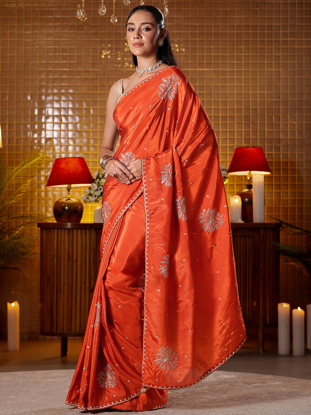 Anouk Rust Floral Embroidered Silk Blend Saree