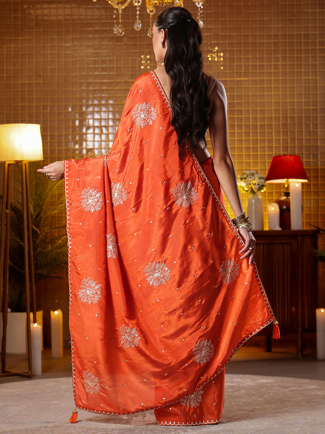 Anouk Rust Floral Embroidered Silk Blend Saree