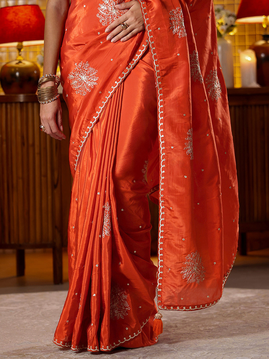 Anouk Rust Floral Embroidered Silk Blend Saree