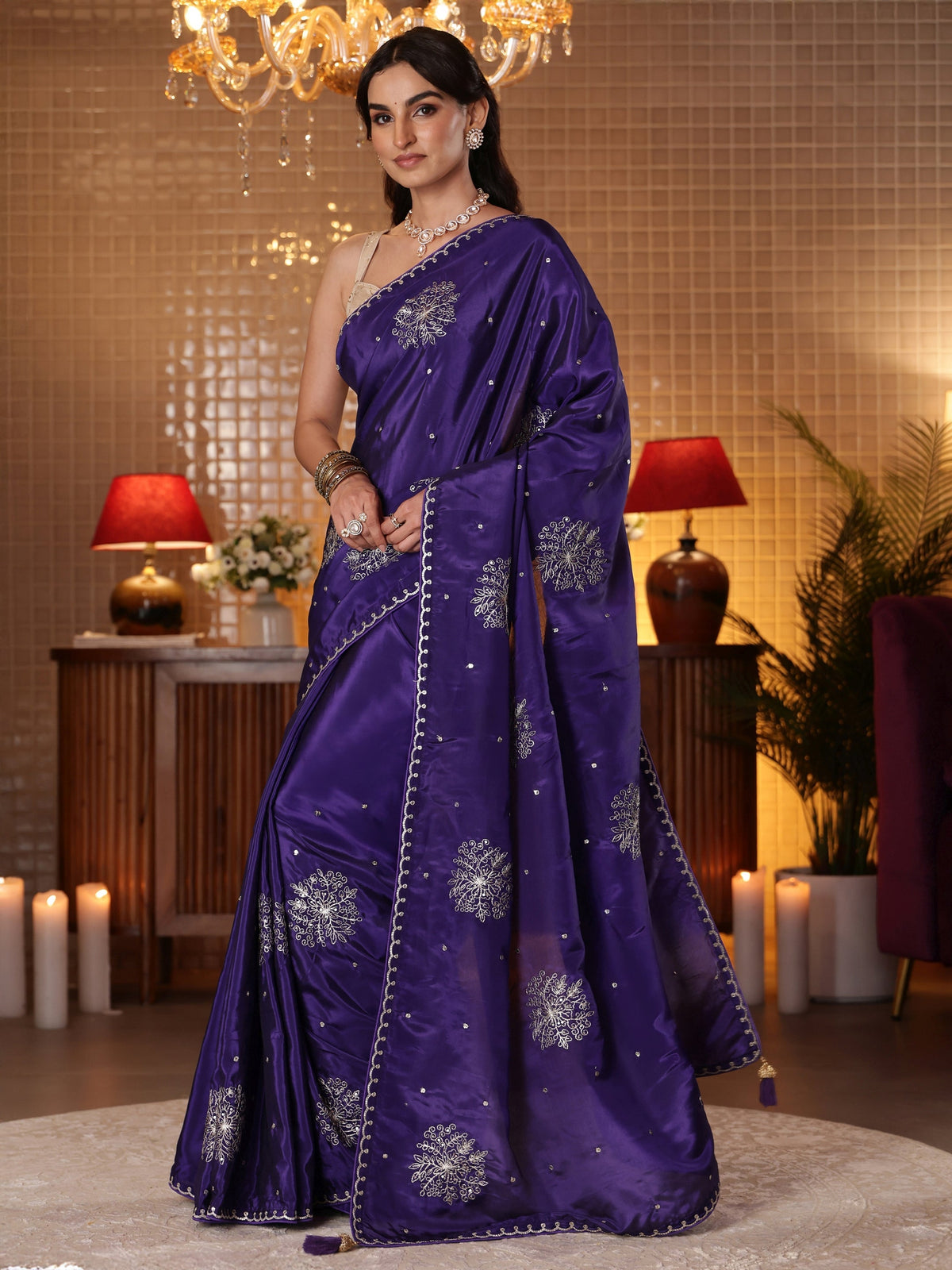 Anouk Purple Floral Embroidered Silk Blend Saree