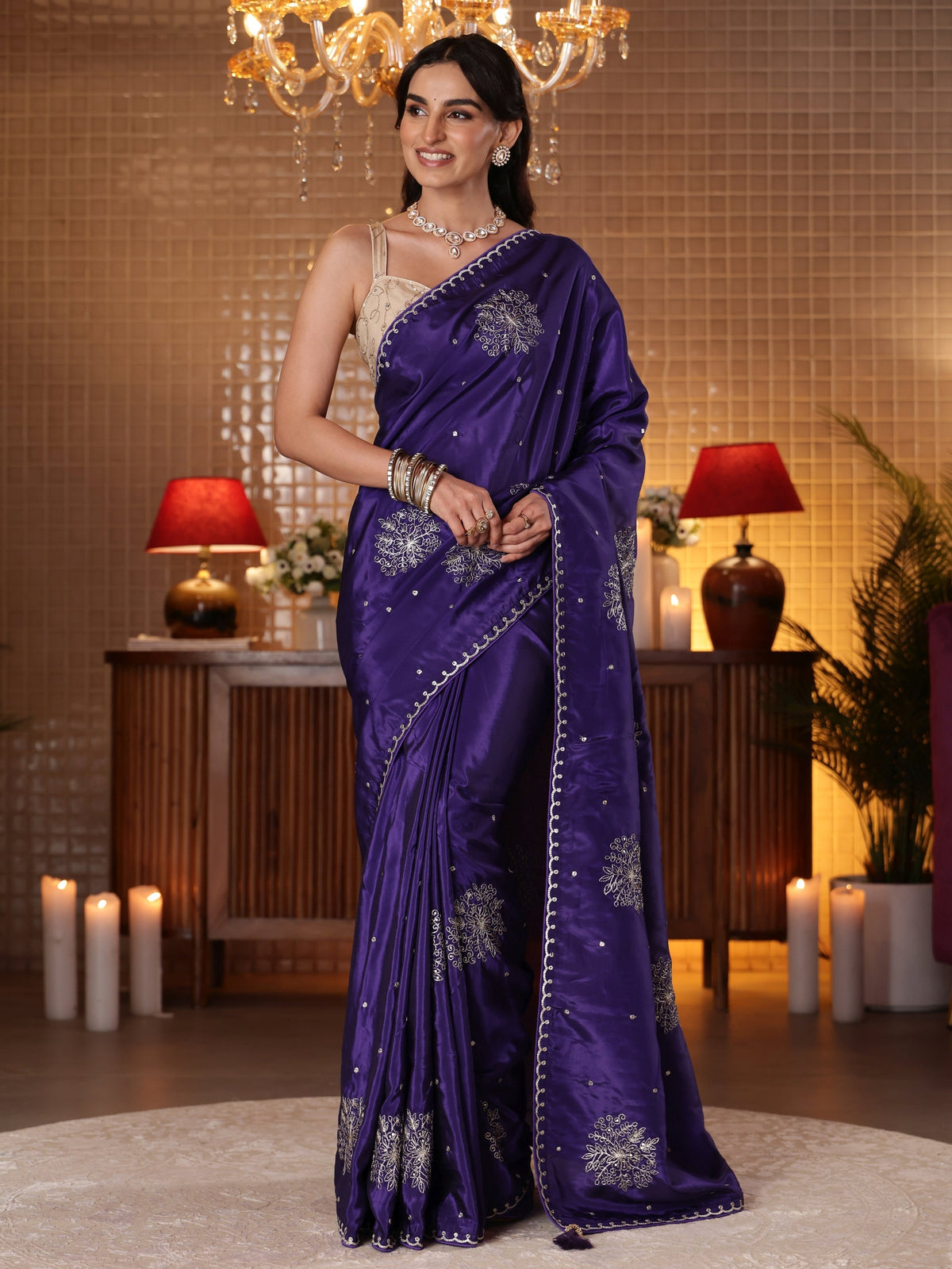 Anouk Purple Floral Embroidered Silk Blend Saree
