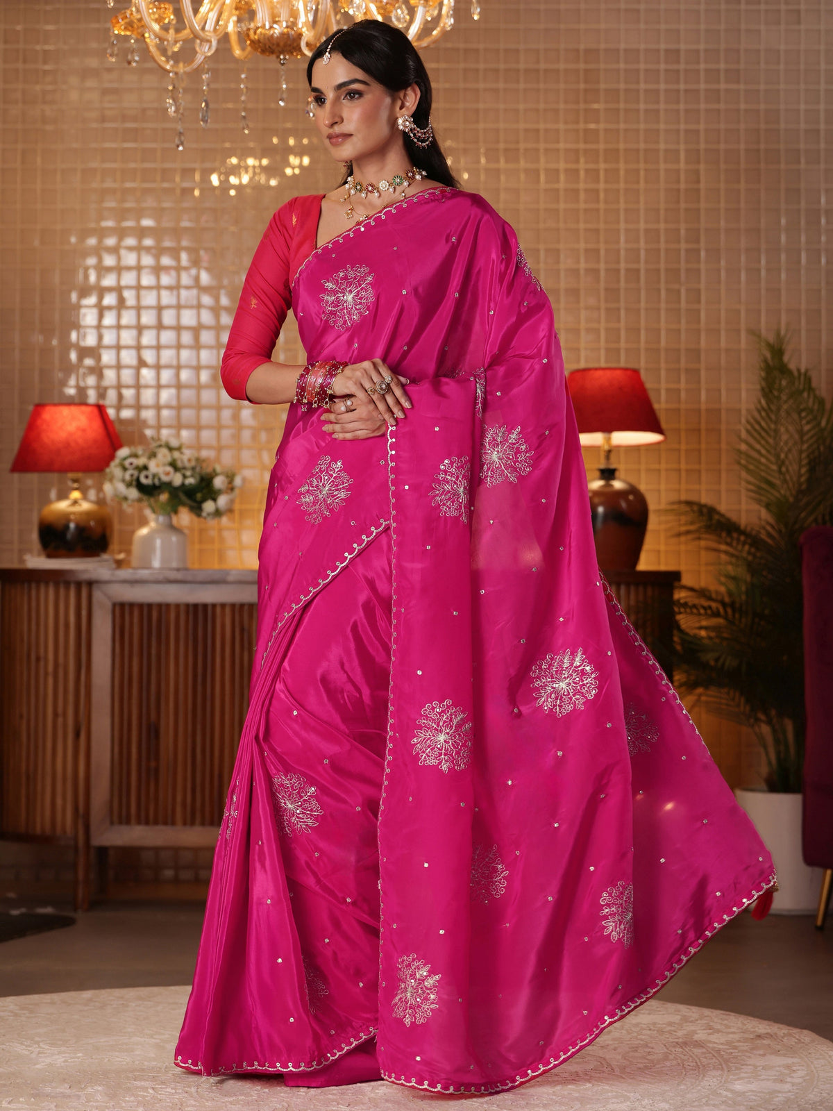 Anouk Rani Pink Floral Embroidered Silk Blend Saree