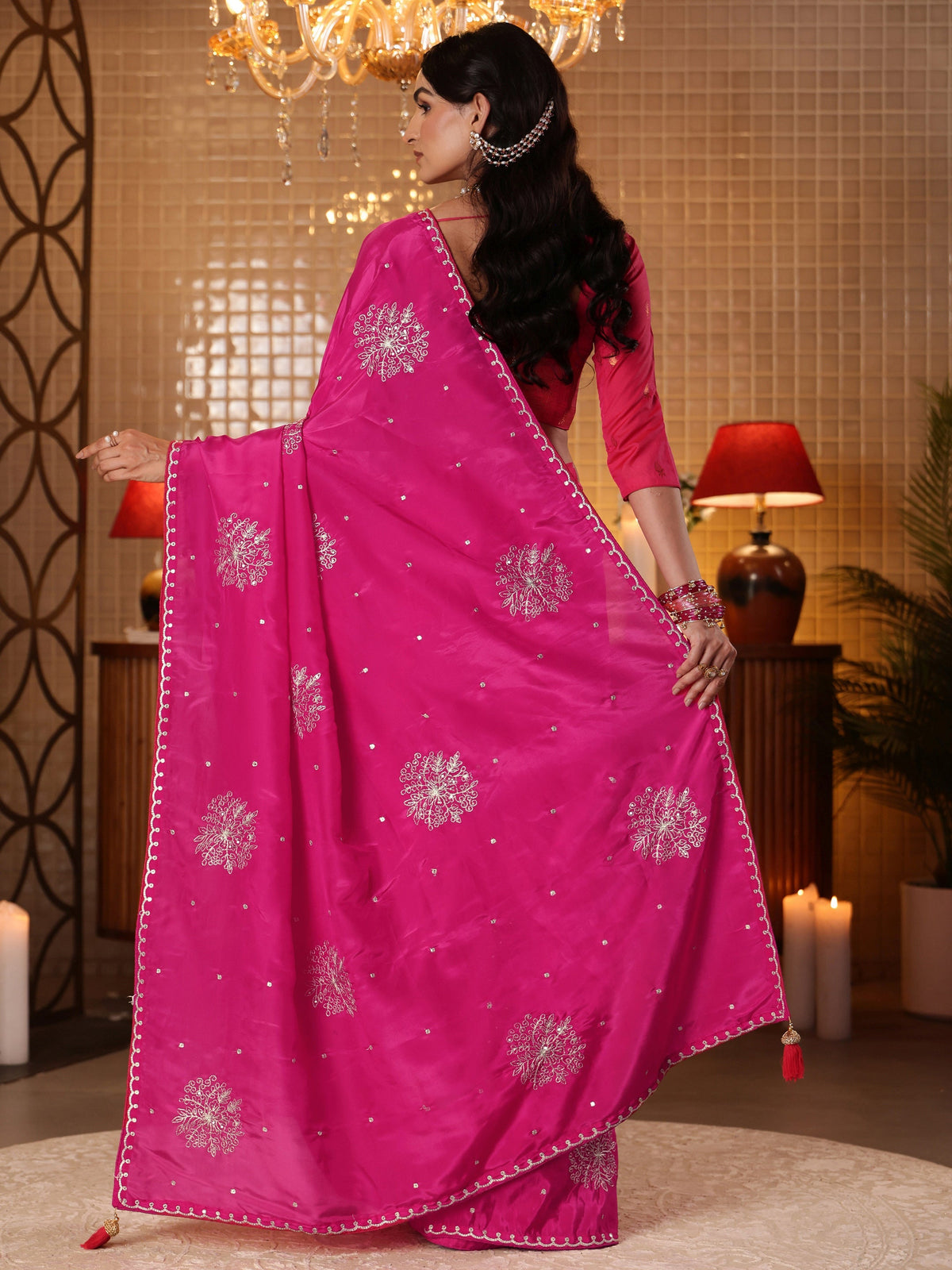 Anouk Rani Pink Floral Embroidered Silk Blend Saree
