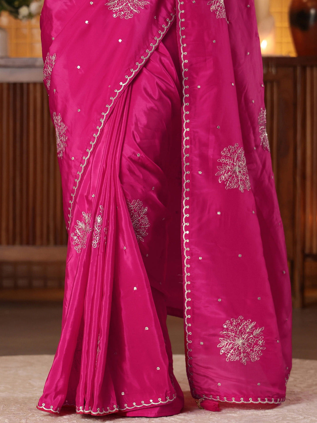 Anouk Rani Pink Floral Embroidered Silk Blend Saree