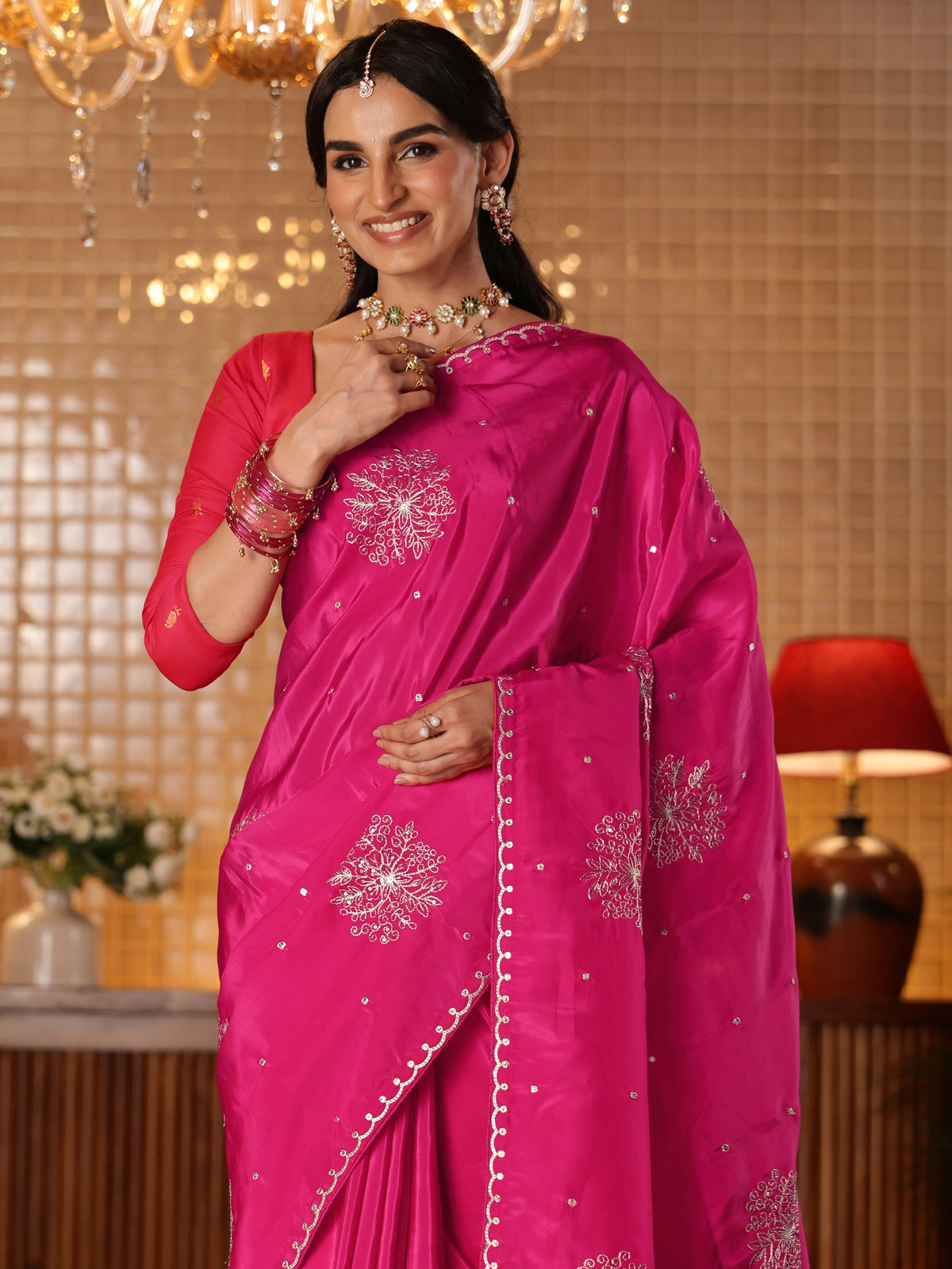 Anouk Rani Pink Floral Embroidered Silk Blend Saree