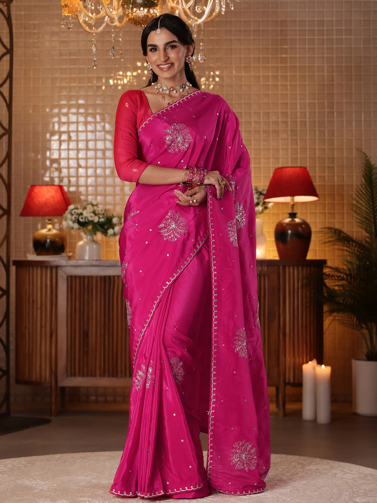 Anouk Rani Pink Floral Embroidered Silk Blend Saree