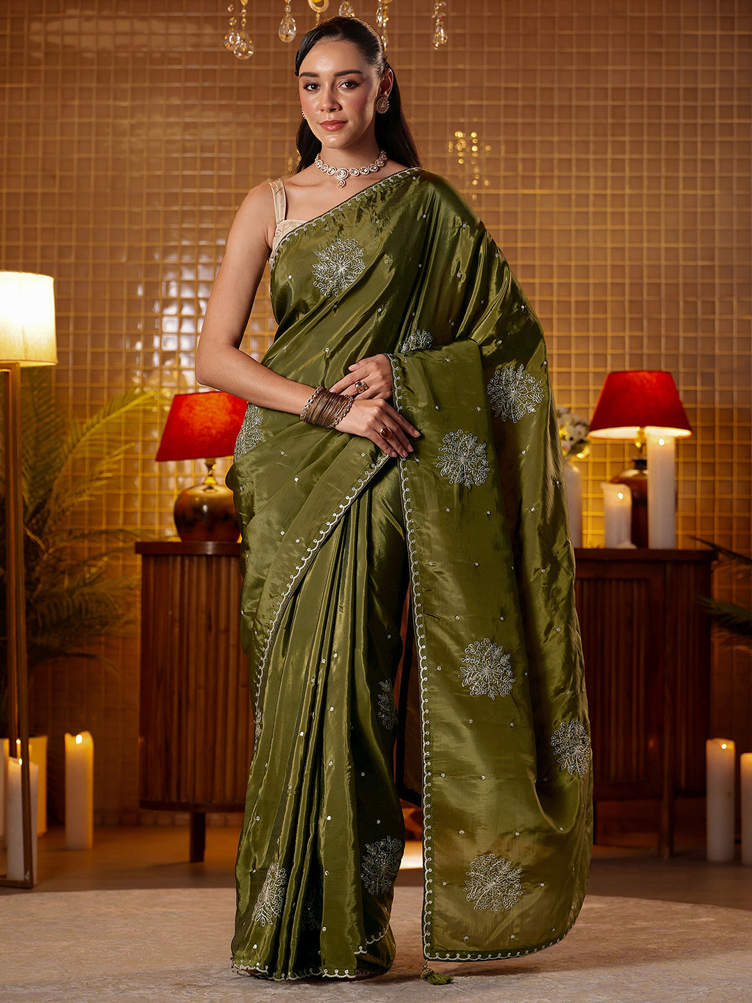 Anouk Olive Green Floral Embroidered Silk Blend Saree