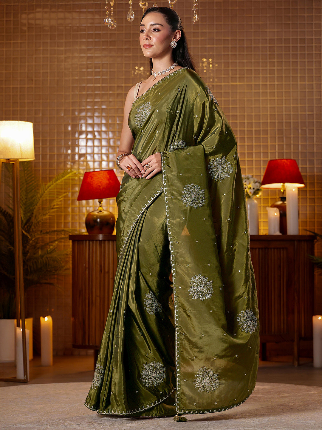 Anouk Olive Green Floral Embroidered Silk Blend Saree