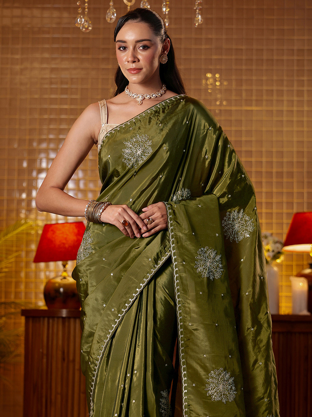Anouk Olive Green Floral Embroidered Silk Blend Saree