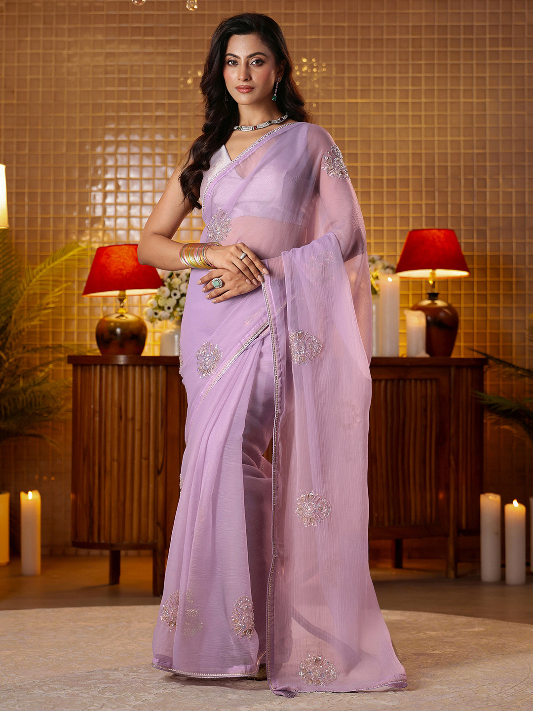 Anouk Lavender Ethnic Embellished Silk Blend Saree