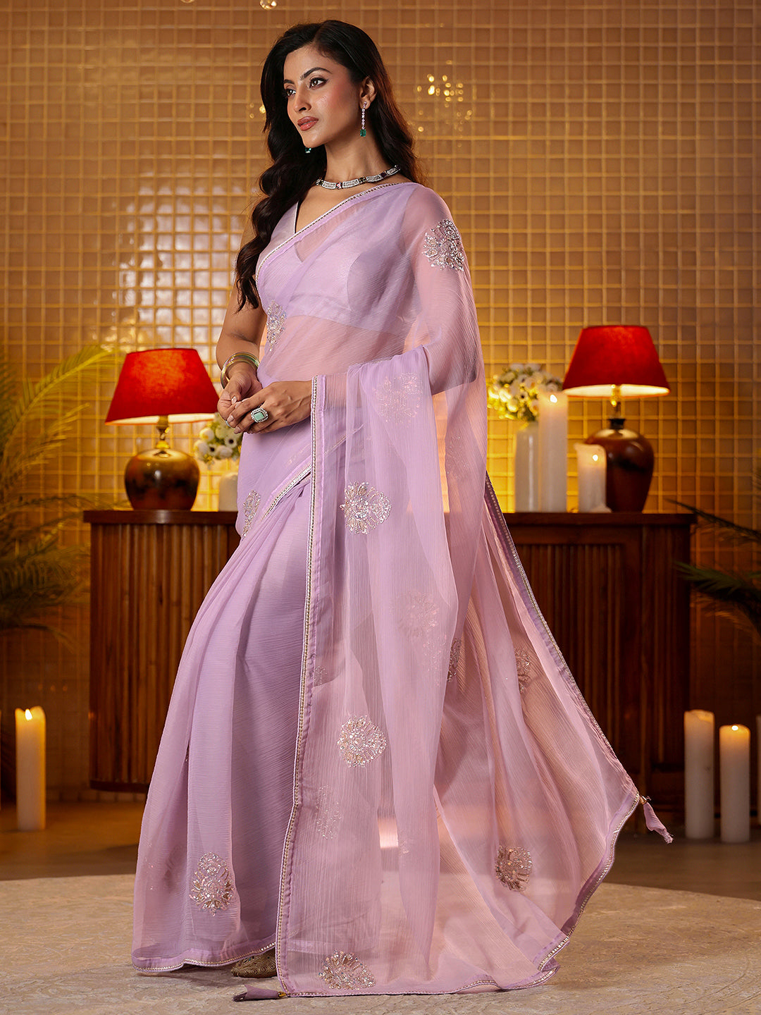 Anouk Lavender Ethnic Embellished Silk Blend Saree
