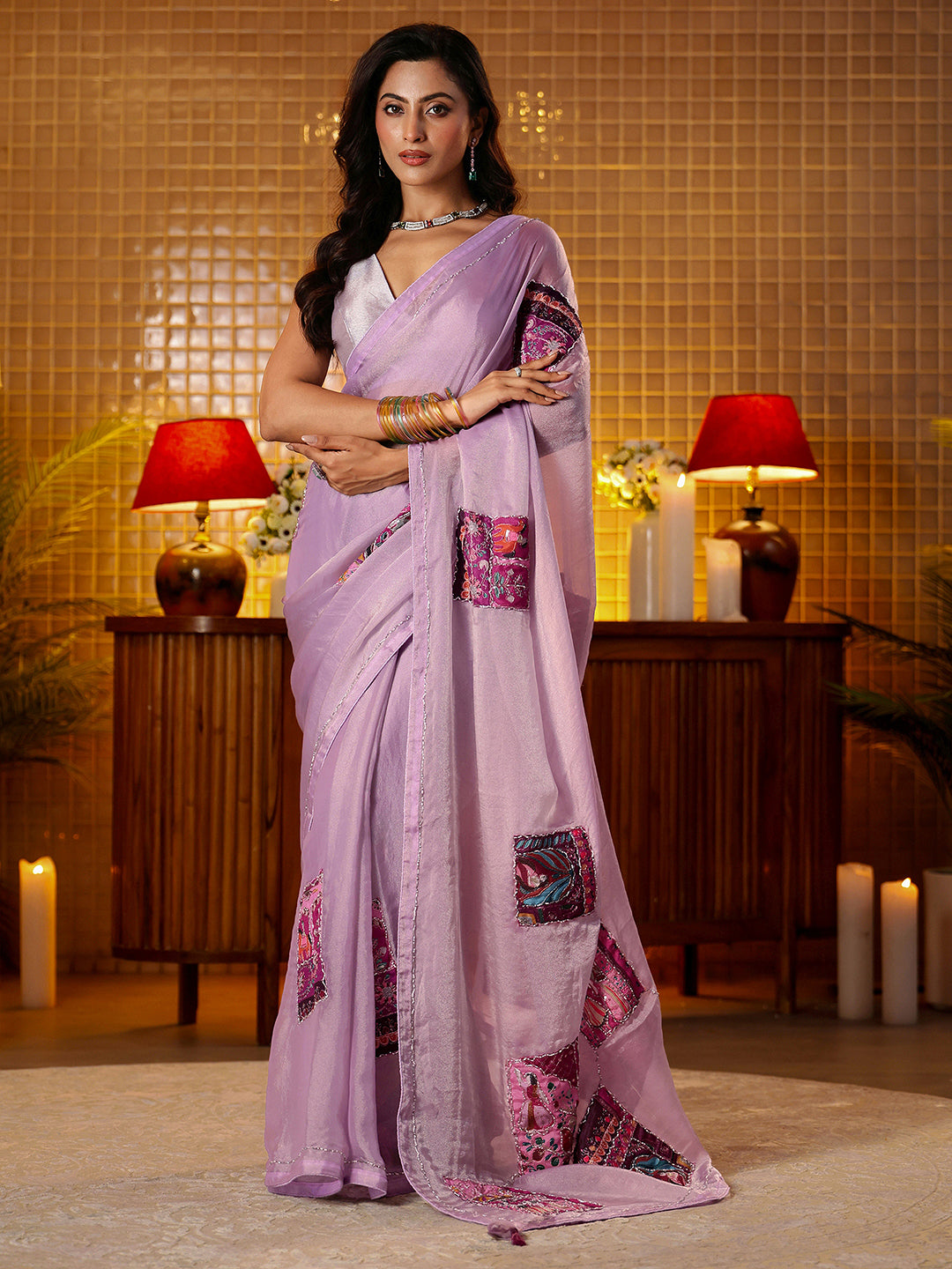 Anouk Lavender Applique Silk Blend Saree