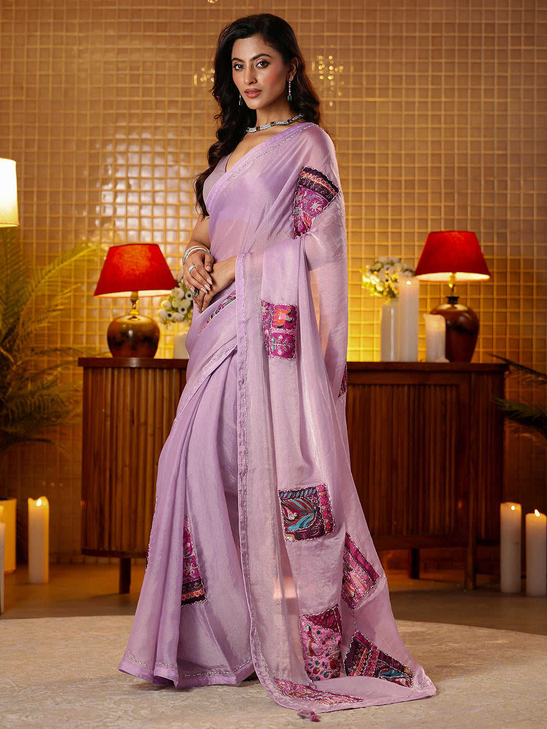 Anouk Lavender Applique Silk Blend Saree