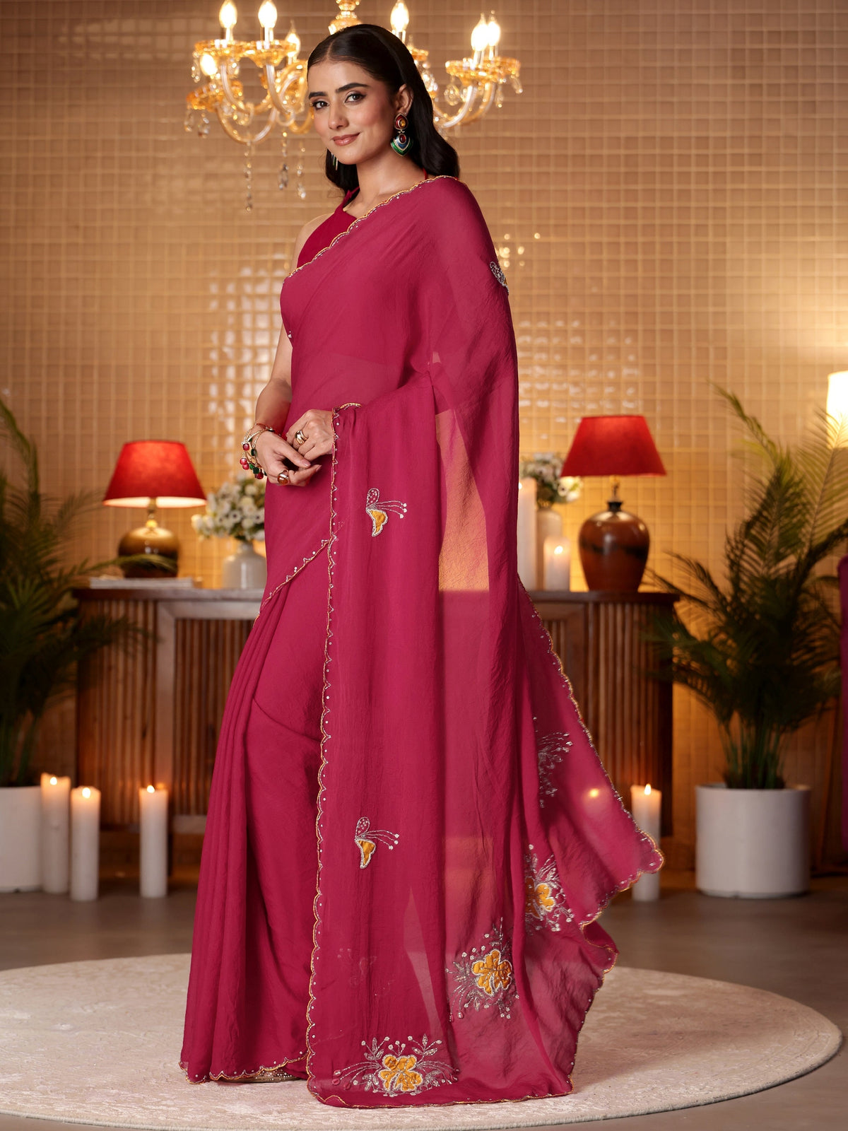 Anouk Rani Pink Floral Embellished Silk Blend Saree