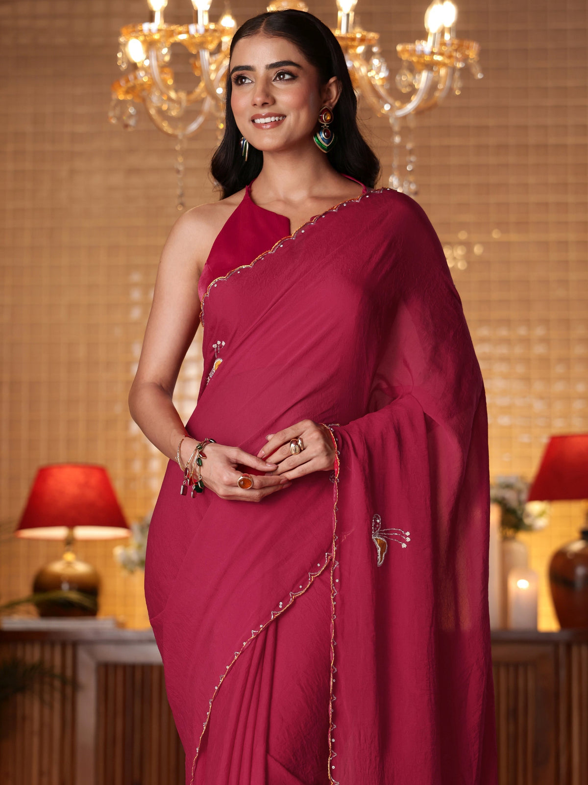 Anouk Rani Pink Floral Embellished Silk Blend Saree