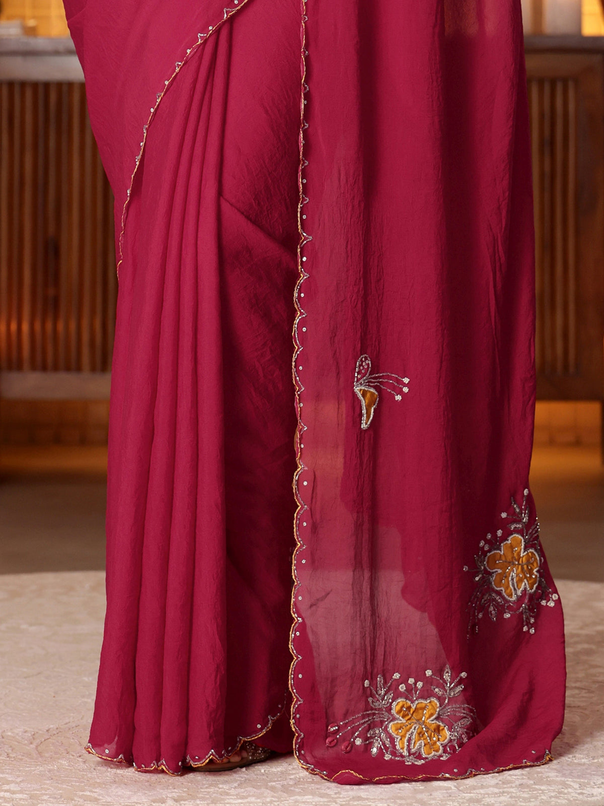 Anouk Rani Pink Floral Embellished Silk Blend Saree