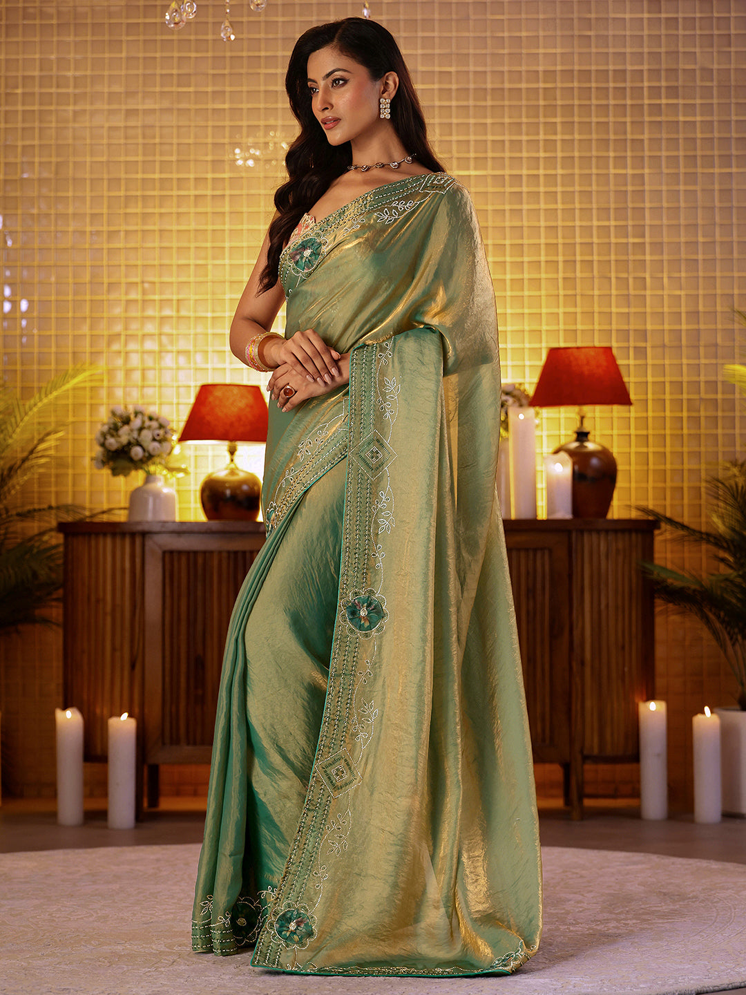 Anouk Sage Green Silk Blend Saree with Floral Border