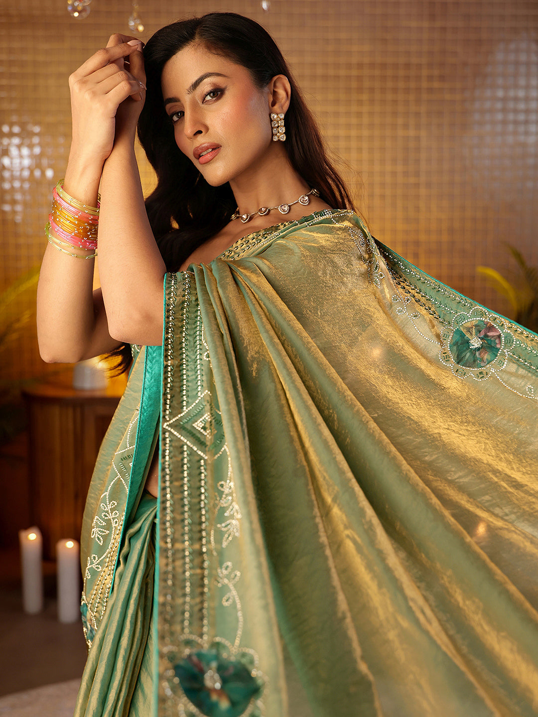 Anouk Sage Green Silk Blend Saree with Floral Border