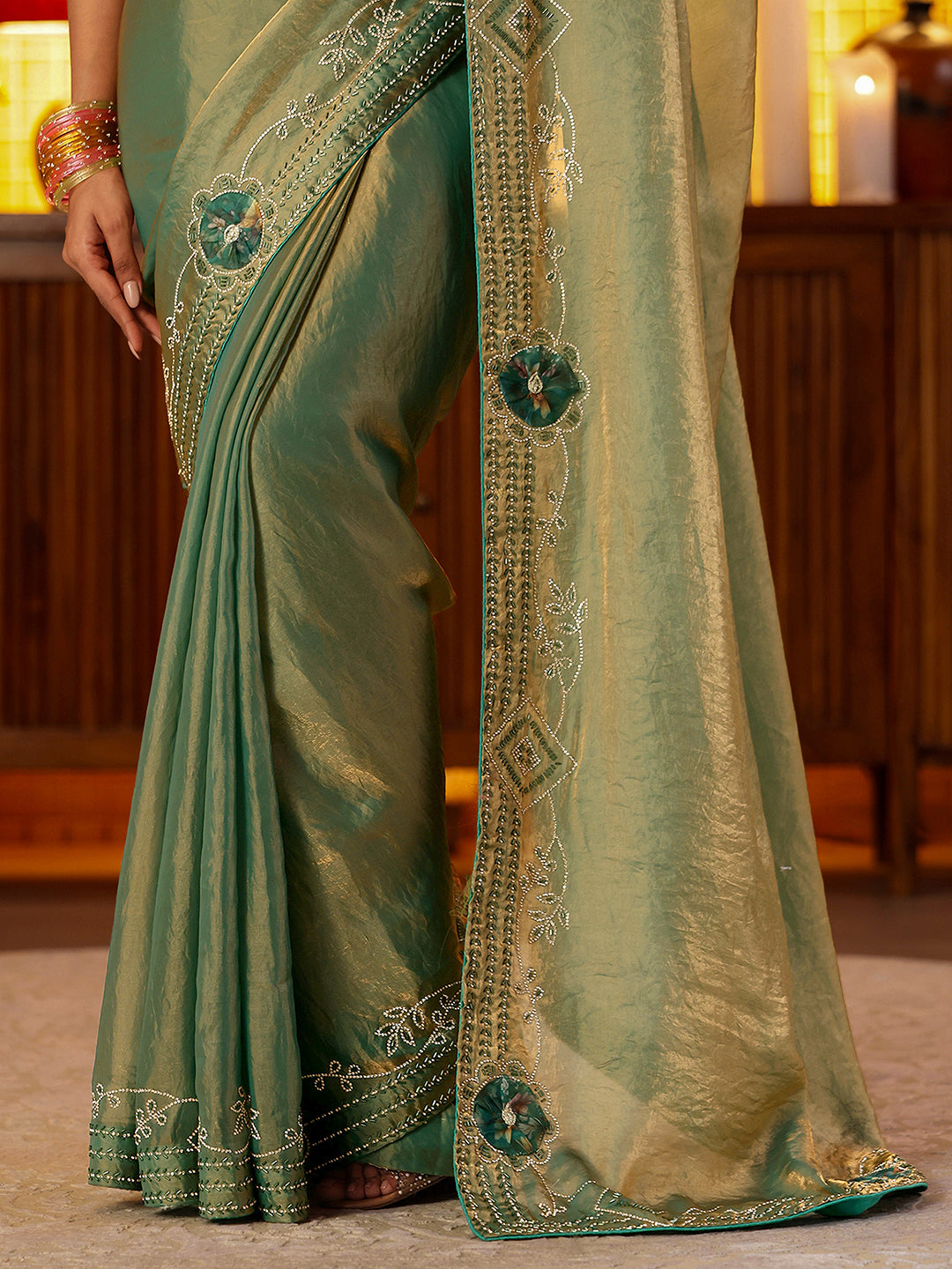 Anouk Sage Green Silk Blend Saree with Floral Border