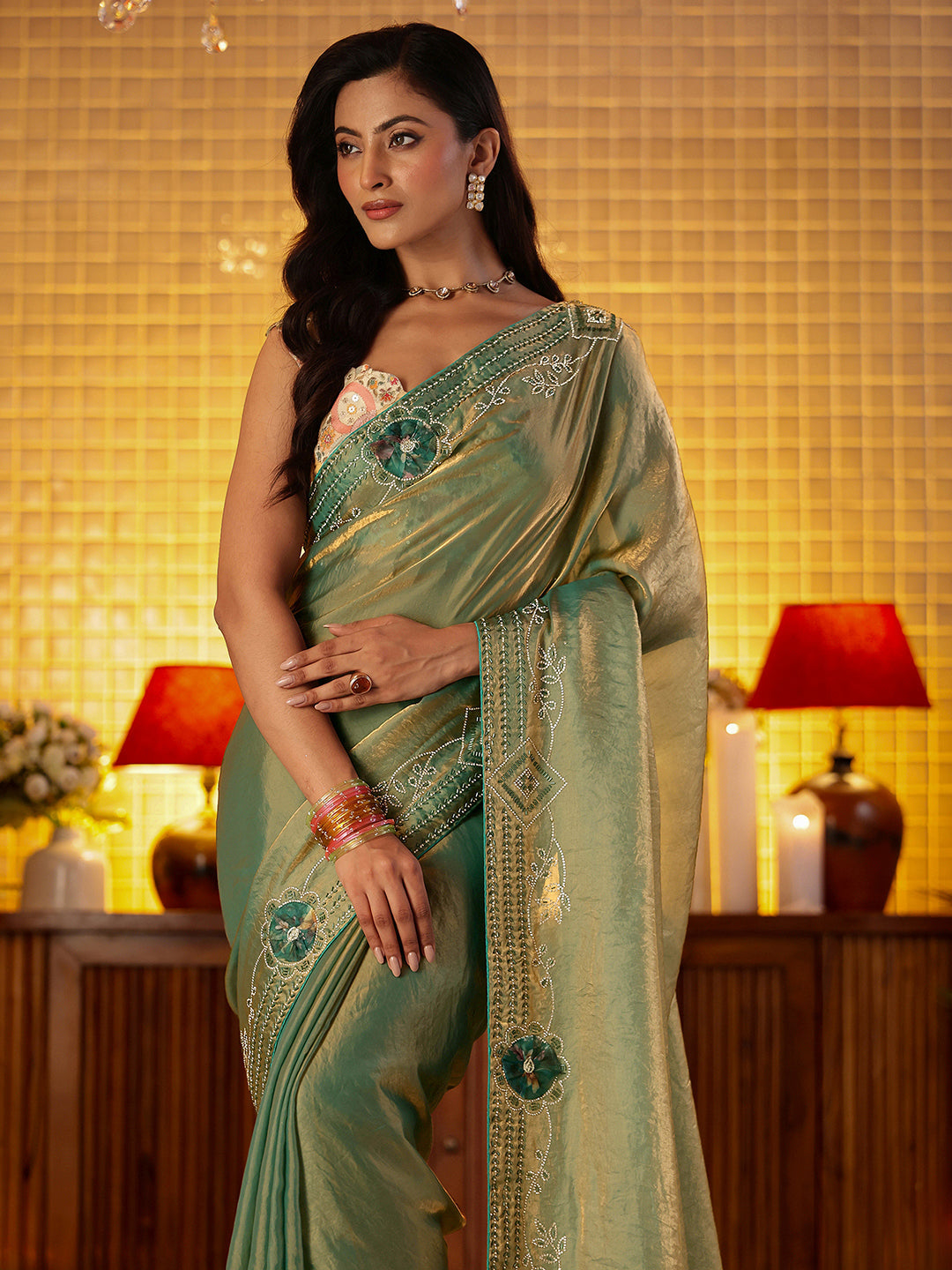 Anouk Sage Green Silk Blend Saree with Floral Border