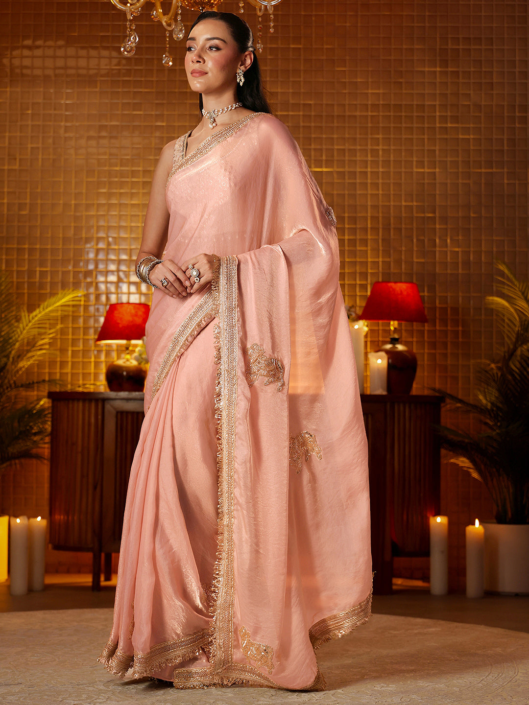 Anouk Peach Embellished Silk Blend Saree