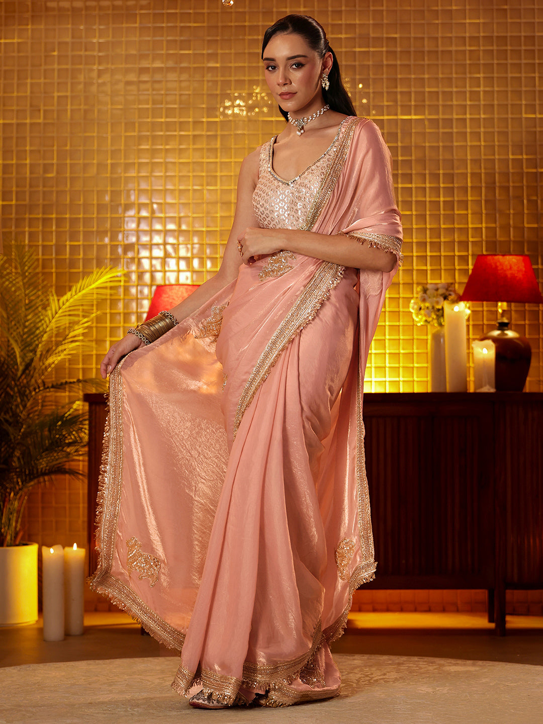 Anouk Peach Embellished Silk Blend Saree