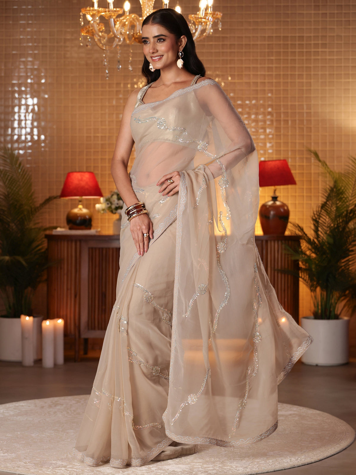 Anouk Taupe Floral Embellished Silk Blend Saree