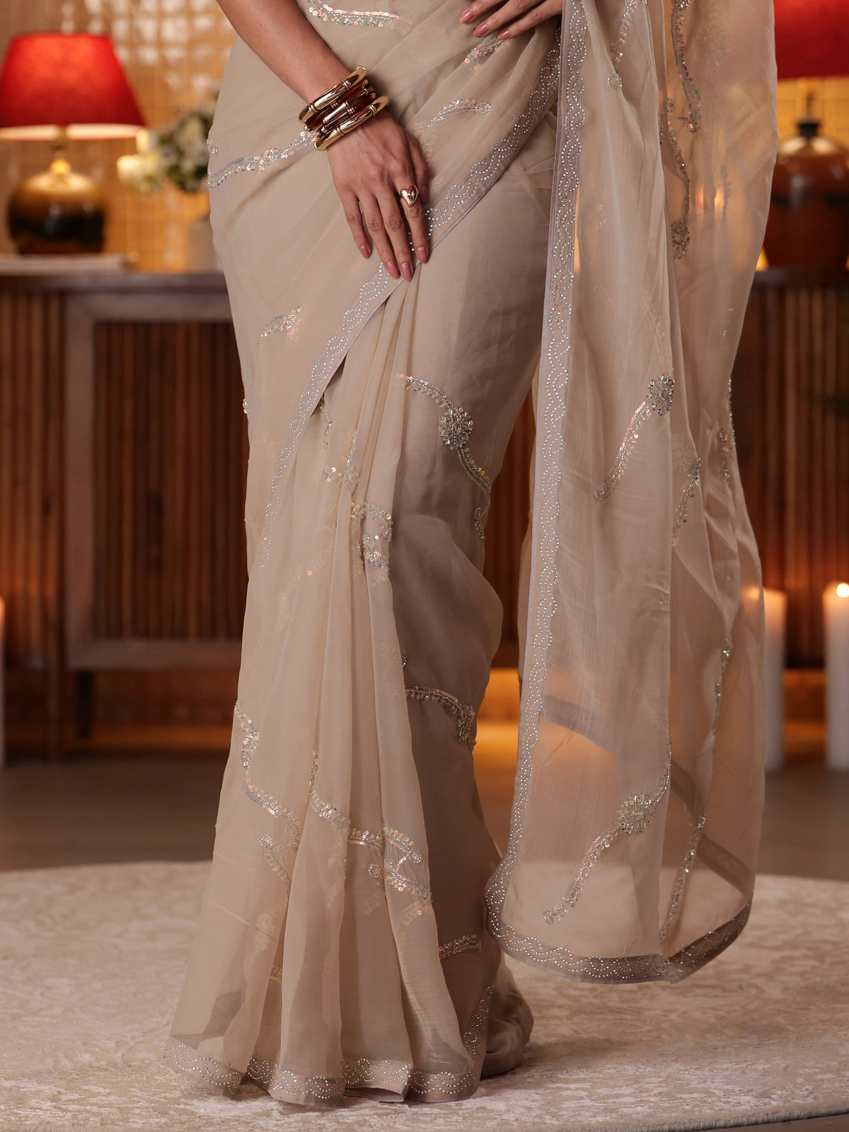 Anouk Taupe Floral Embellished Silk Blend Saree