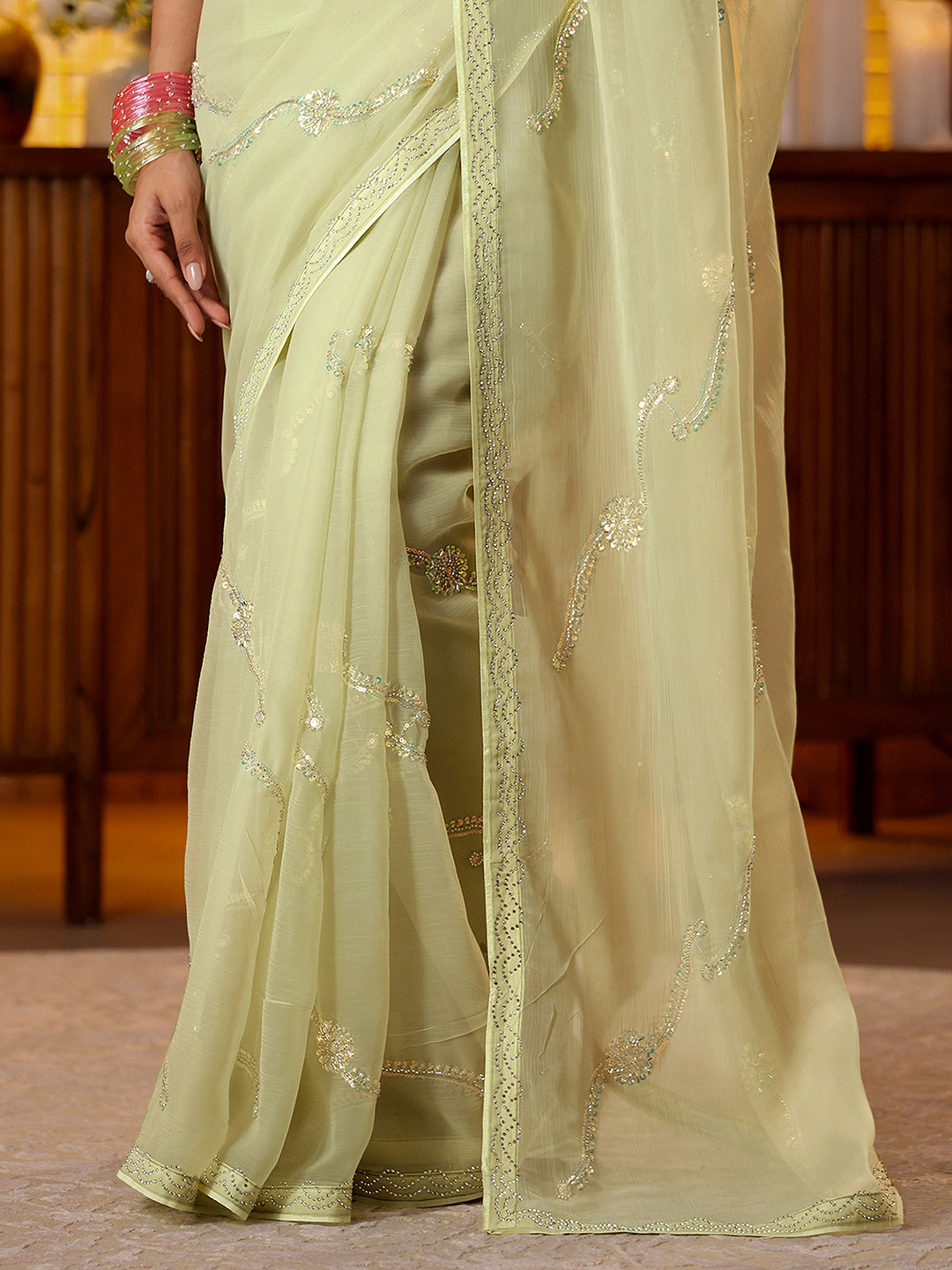 Anouk Pista Green Floral Embellished Silk Blend Saree