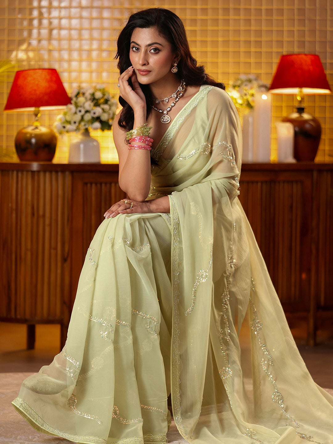 Anouk Pista Green Floral Embellished Silk Blend Saree