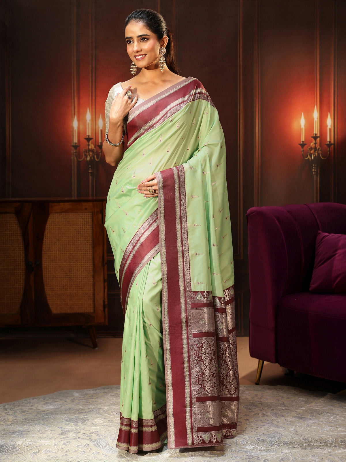 Anouk Pista Green Kanjeevaram Silk Blend Saree