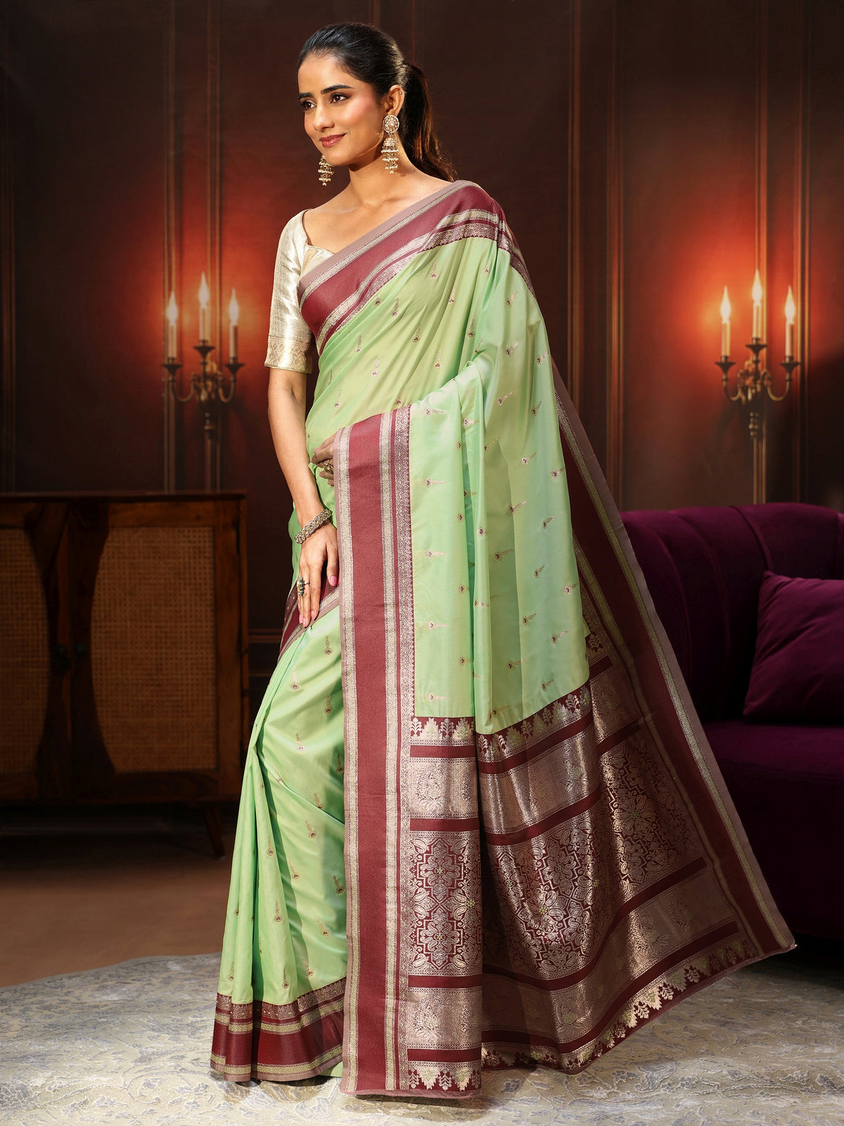 Anouk Pista Green Kanjeevaram Silk Blend Saree