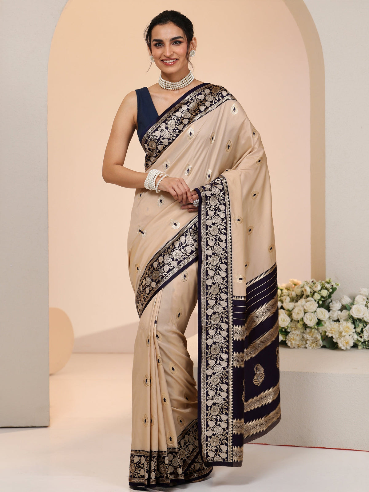 Anouk Beige Woven Design Silk Blend Saree