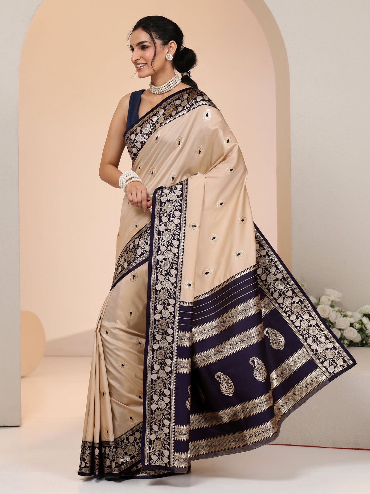 Anouk Beige Woven Design Silk Blend Saree