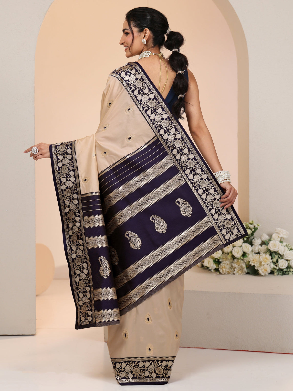 Anouk Beige Woven Design Silk Blend Saree