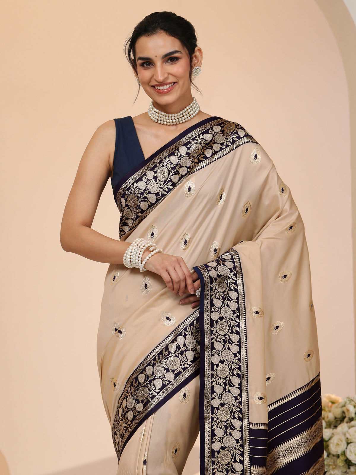 Anouk Beige Woven Design Silk Blend Saree