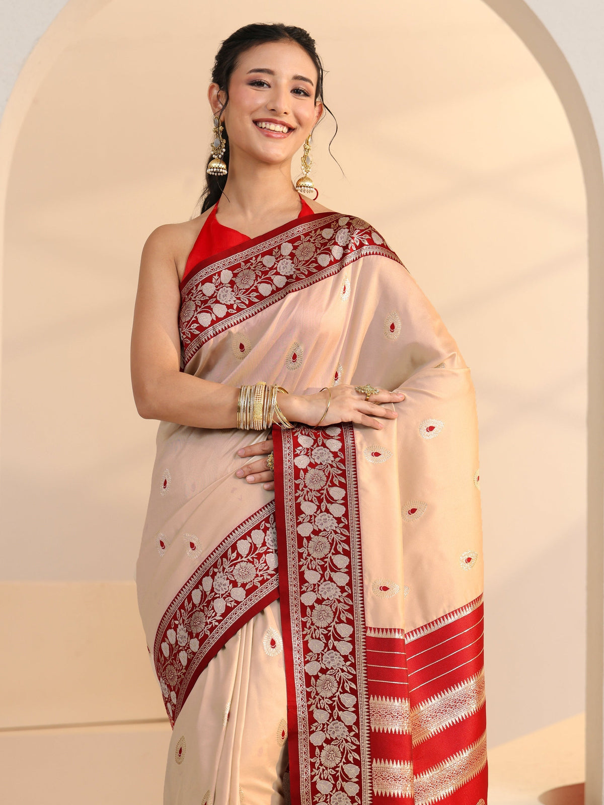 Anouk Beige Woven Design Silk Blend Saree