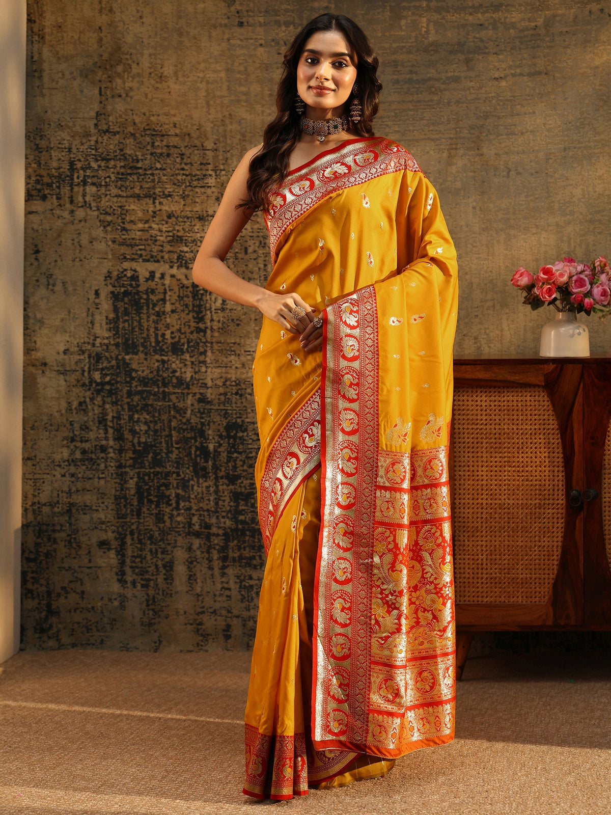 Anouk Mustard Floral Woven Silk Blend Saree